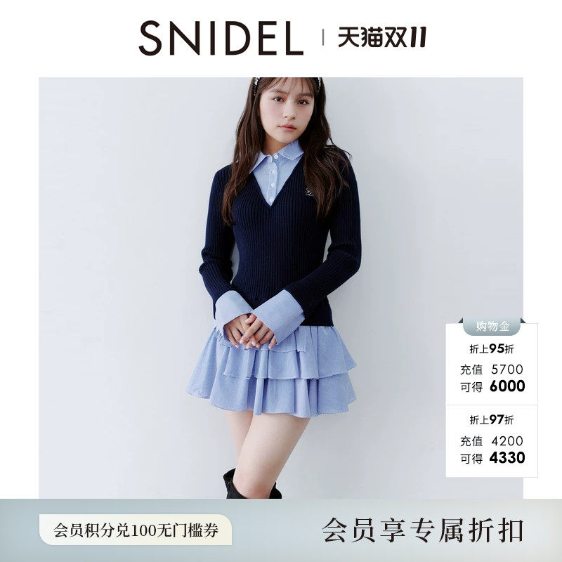 SNIDEL2026秋冬新品气质衬衫领荷叶边蛋糕针织连衣裙SWNO264163
