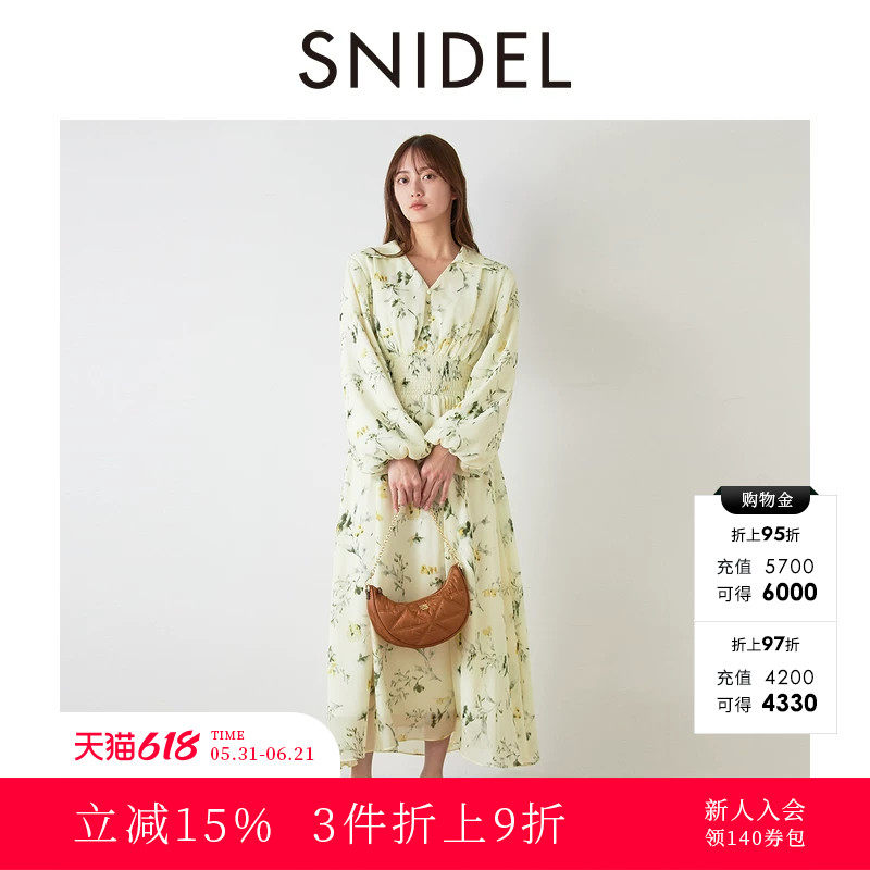 SNIDEL2025秋冬新品优雅气质V领泡泡袖收腰印花连衣裙SWFO255168