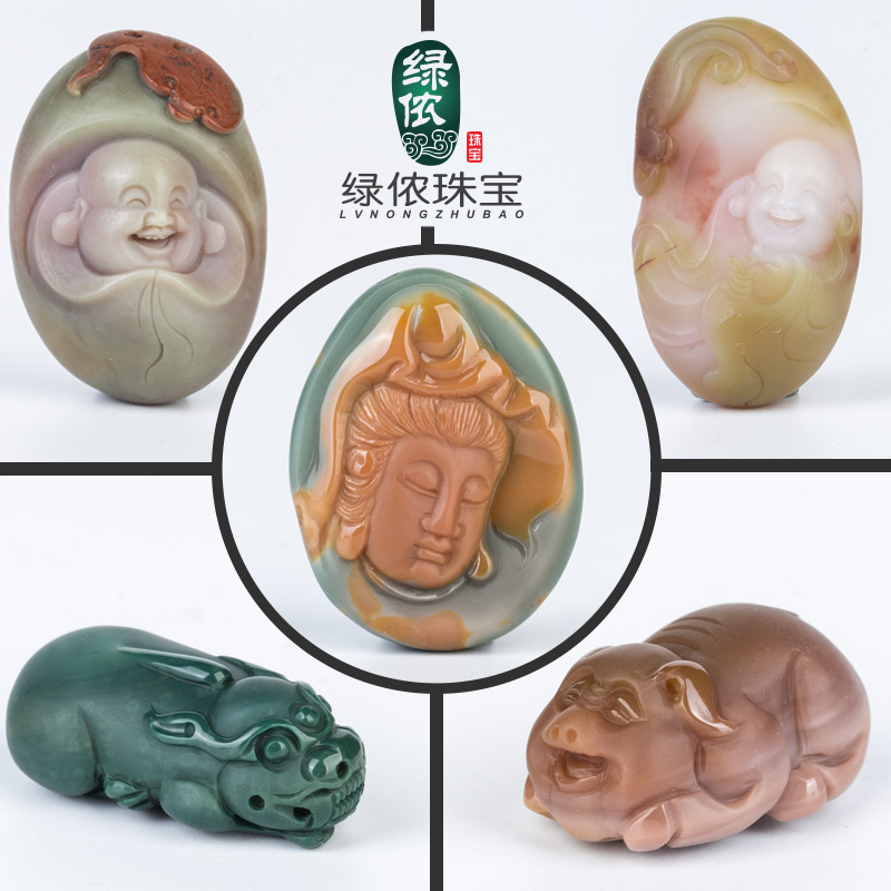 天然盐源玛瑙精雕件吊坠双色阿拉善七彩玉项链坠貔貅弥勒佛挂件