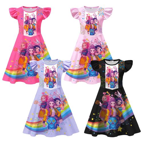 女童时尚小飞袖卡通印花连衣裙