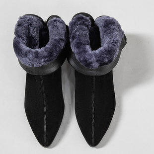 皮毛一体女鞋冬季尖头保暖加厚纯羊毛高跟粗跟短靴女靴棉鞋子大码