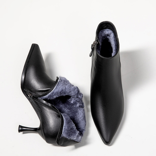 冬季皮毛一体女鞋细跟高跟短靴女保暖加厚纯羊毛高跟女靴大棉鞋子