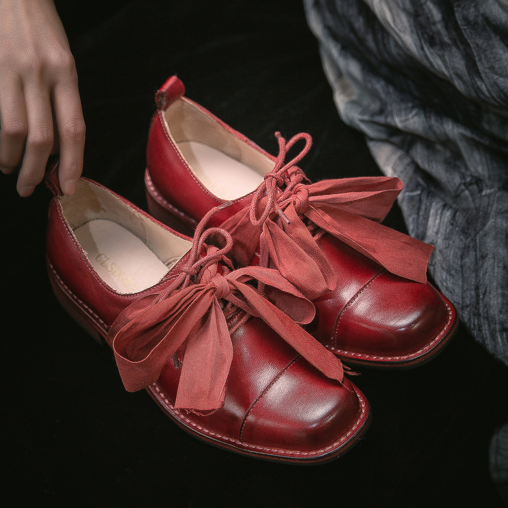 春秋新款方头红色皮鞋女做旧英伦风小皮鞋系带深口单鞋女鞋子,女鞋,深口单鞋,淘宝优惠券,粉丝福利购,淘宝优惠卷
