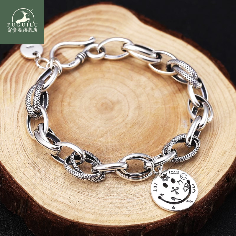 富贵鹿锁住微笑S925纯银笑脸粗条手链百搭韩版情锁男女潮复古手环