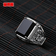 Rich deer tide male domineering 925 silver black agate ring middle finger silver ring Thai silver retro personality ring ring