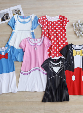外贸日单夏季女童卡通纯棉短袖睡裙家居服连衣裙亲子姐妹装媛1