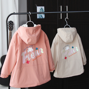 秋装 女童中长款休闲连帽珠片绣风衣外套 厚款摇粒绒内里中大童琦