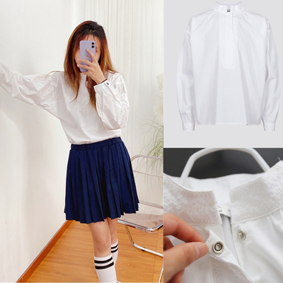 外贸原单新款女童大气百搭长袖立领白色衬衫纯棉打底衫小中大童媛