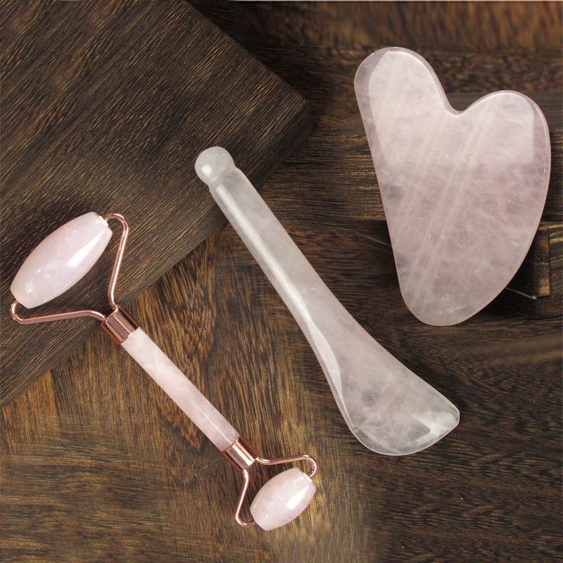 天然粉晶爱心刮脸板脸部拨筋棒眼部面部滚轮粉水晶玉石按摩推脸珠
