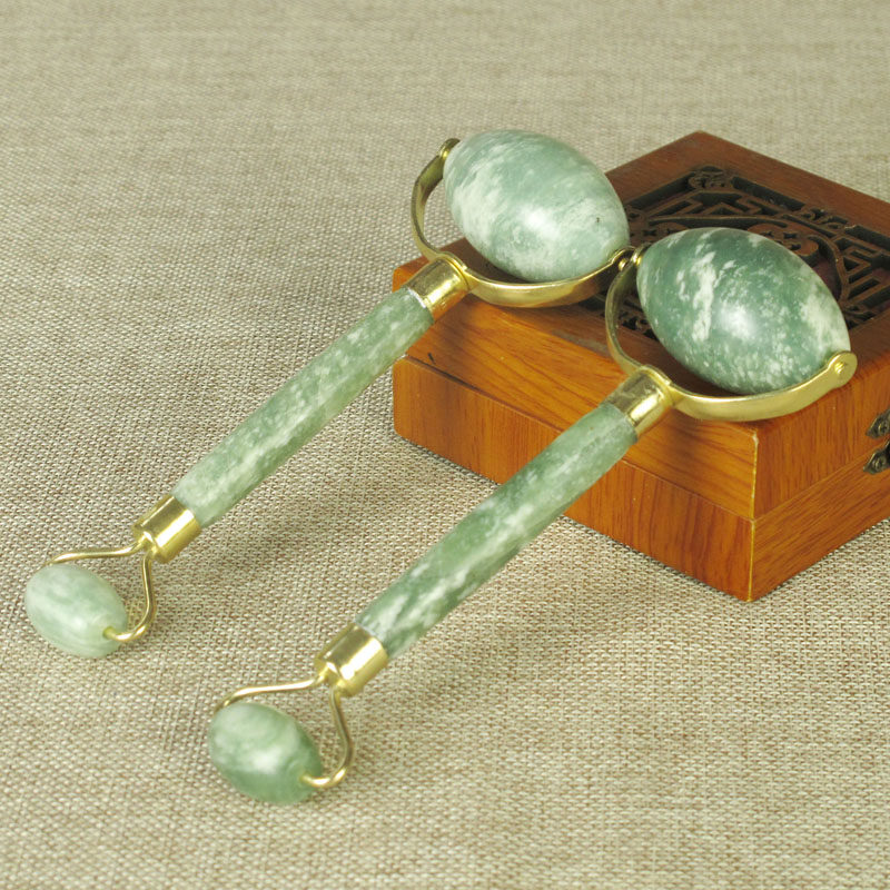 天然玉石大号双头加固款美容器 脸部面部眼部按摩棒 玉滚轮推脸器