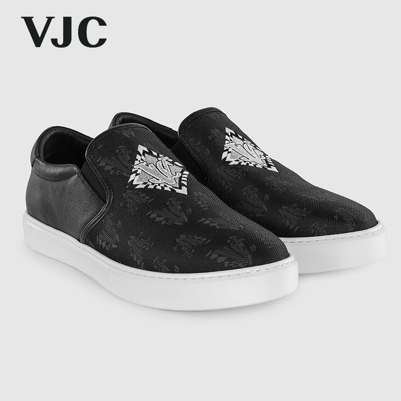 VJC/威杰思2024春夏男装新款懒人一脚蹬牛皮印花板鞋时尚男士潮流