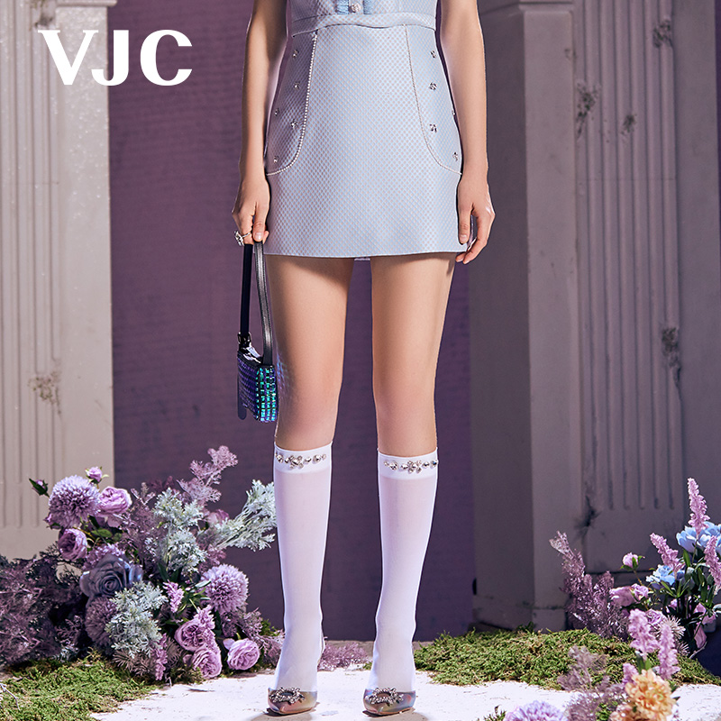 VJC/威杰思春夏女装蓝色花半身裙小香珍珠刺绣包臀短裙