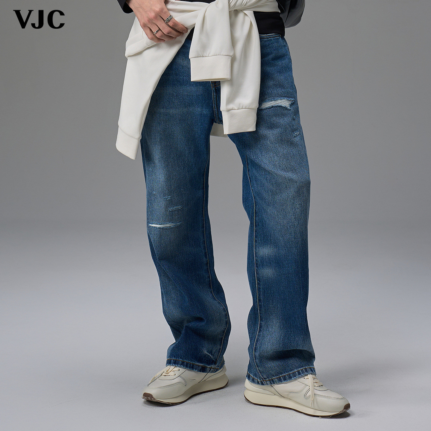 VJC/威杰思秋冬新款男装复古时尚磨破牛仔裤水洗磨白长裤纯棉