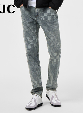 VJC/威杰思25夏季新款男装复古做旧牛仔裤水洗磨白小脚长裤棋盘格