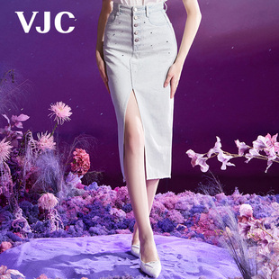 开叉裙女款 新品 高腰浅色牛仔半身裙包臀中长款 VJC2024夏季