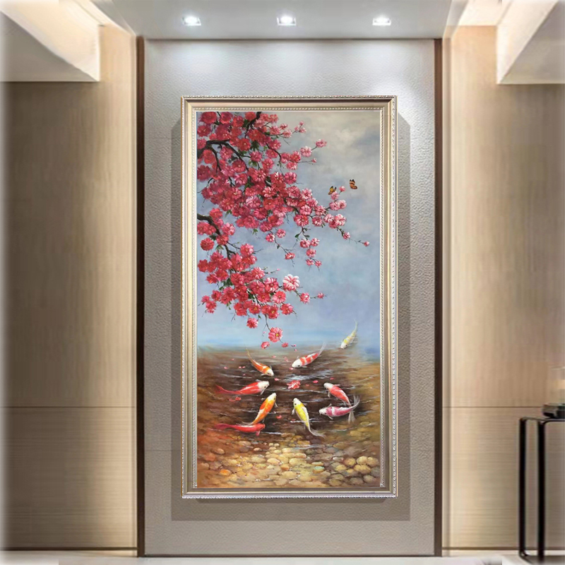 玄关装饰画中式手绘油画九鱼图挂画美式餐厅过道壁画年年有余大芬图片