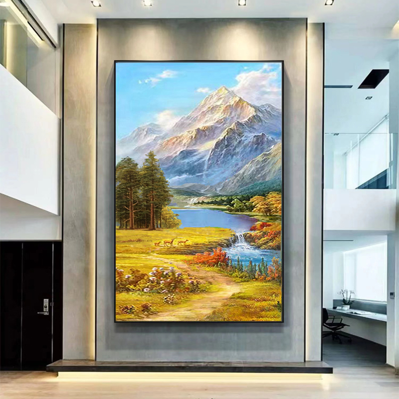 玄关手绘油画山水美式客厅风景现代装饰画竖版走廊壁画定制大芬村图片