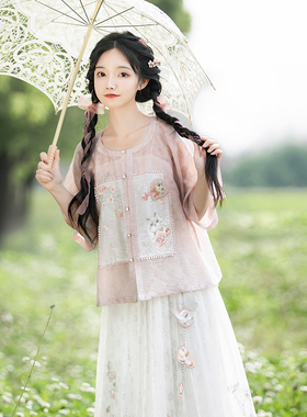 玫瑰布偶 清水溪 原创夏天日常改良汉服女短袖补服松紧白色半身裙