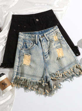 娜扎同款膝盖烂破洞牛仔短裤女2024夏装高腰流苏a字显瘦阔腿热裤