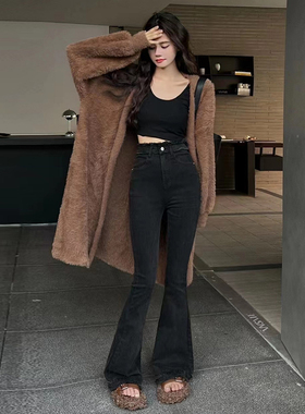 黑色微喇牛仔裤女2023春秋新款高腰紧身显瘦毛边小个子拖地喇叭裤