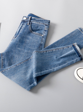 深蓝色紧身牛仔小脚裤女2022春秋新款高腰显瘦小个子八九分铅笔裤