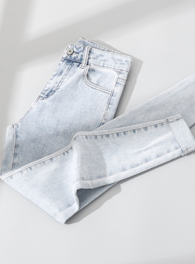 浅色牛仔小脚裤女九分2024春秋新款高腰弹力紧身显瘦小个子铅笔裤