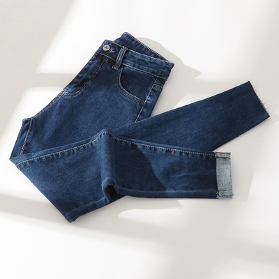 深蓝加薄绒牛仔小脚裤女2024秋冬新款弹力紧身抓绒保暖九分铅笔裤