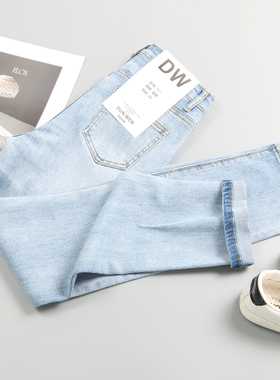 浅色牛仔小直筒裤女2023春秋新款高腰宽松显瘦小个子八九分烟管裤