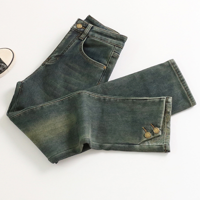 复古蓝加绒加厚牛仔小直筒裤女