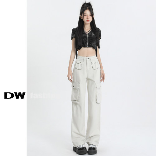 沙白色美式工装裤女高腰2024早春新款复古宽松显瘦窄版直筒阔腿裤