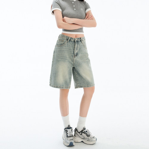高腰怀旧浅蓝牛仔五分裤短裤女夏季2025宽松显瘦小个子阔腿中裤子