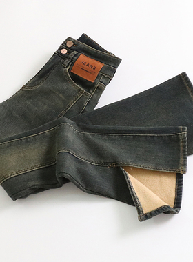 水泥灰高腰开叉加厚绒牛仔微喇叭裤女秋冬保暖弹力修身垂感拖地裤