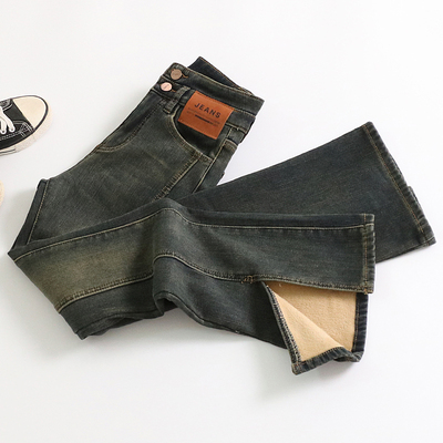 高腰开叉加厚绒牛仔微喇叭裤女