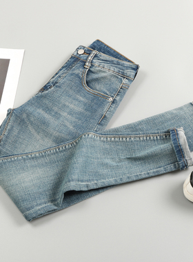 复古浅色牛仔小脚裤女2023春秋新款高腰紧身显瘦小个子八分铅笔裤