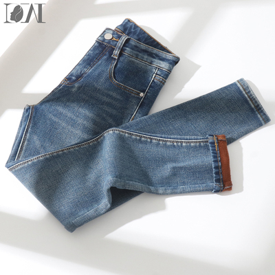 秋冬新款小个子加绒加厚牛仔小脚裤女2023高腰弹力紧身八分铅笔裤