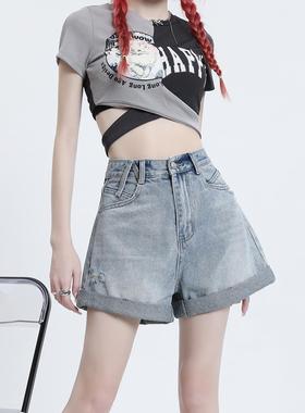 复古磨破洞卷边牛仔裤女2023春夏新款设计感高腰宽松A字阔腿短裤