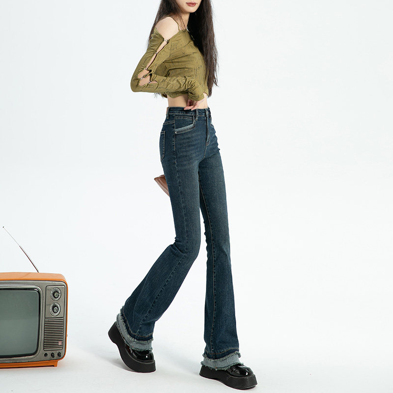 甜酷风流苏牛仔马蹄裤女2023秋冬新款高腰紧身弹力辣妹毛边微喇叭