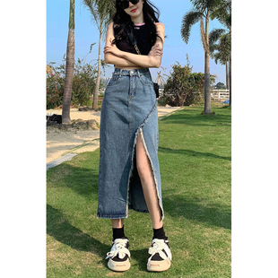 高腰显瘦不规则开叉牛仔半身裙女夏新款复古毛边设计感A字中长裙