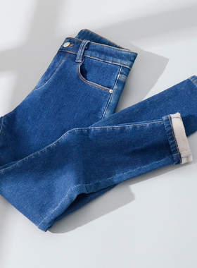 深蓝色加绒加厚牛仔小脚裤女秋冬高腰弹力紧身显瘦保暖打底铅笔裤