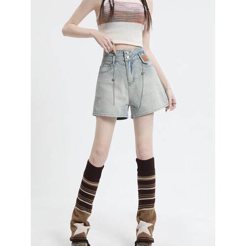 设计感高腰牛仔短裤女2023夏装新款复古浅色修身阔腿百搭五分裤潮