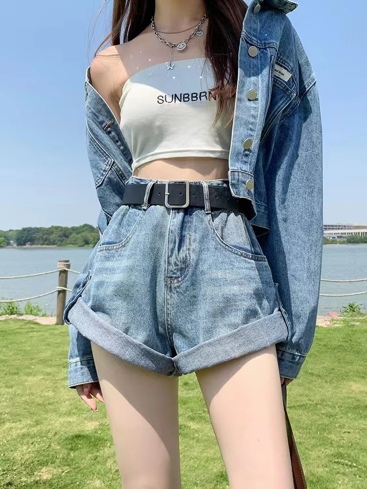 美式复古卷边牛仔短裤女