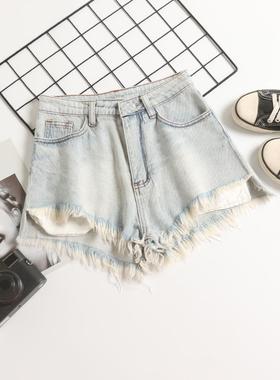 薄款浅色流苏牛仔短裤女夏2024新款高腰修身a字百搭毛边阔腿热裤