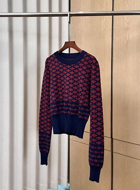 【妍妍粉丝专享】套头时尚长袖保暖百搭红色提花毛衣上衣 E904