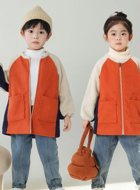 宝宝男女罩衣摇粒绒灯芯绒拉链秋冬可外穿男女幼儿园儿童吃饭围兜