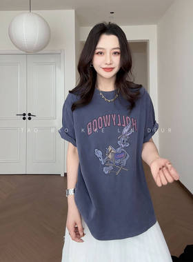 韩系新款显瘦巨好看时尚百搭宽松复古减龄卡通印花短袖T恤上衣女