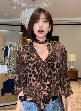 大码韩版荷叶边v领豹纹飘带衬衫女春季新款胖mm显瘦气质薄款上衣