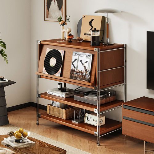 中古置物架落地转角唱片杂志收纳复古沙发边柜子储物柜一体靠墙