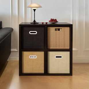 实木格子柜书架落地置物客厅卧室靠墙矮收纳柜子储物柜黑色卡莱克