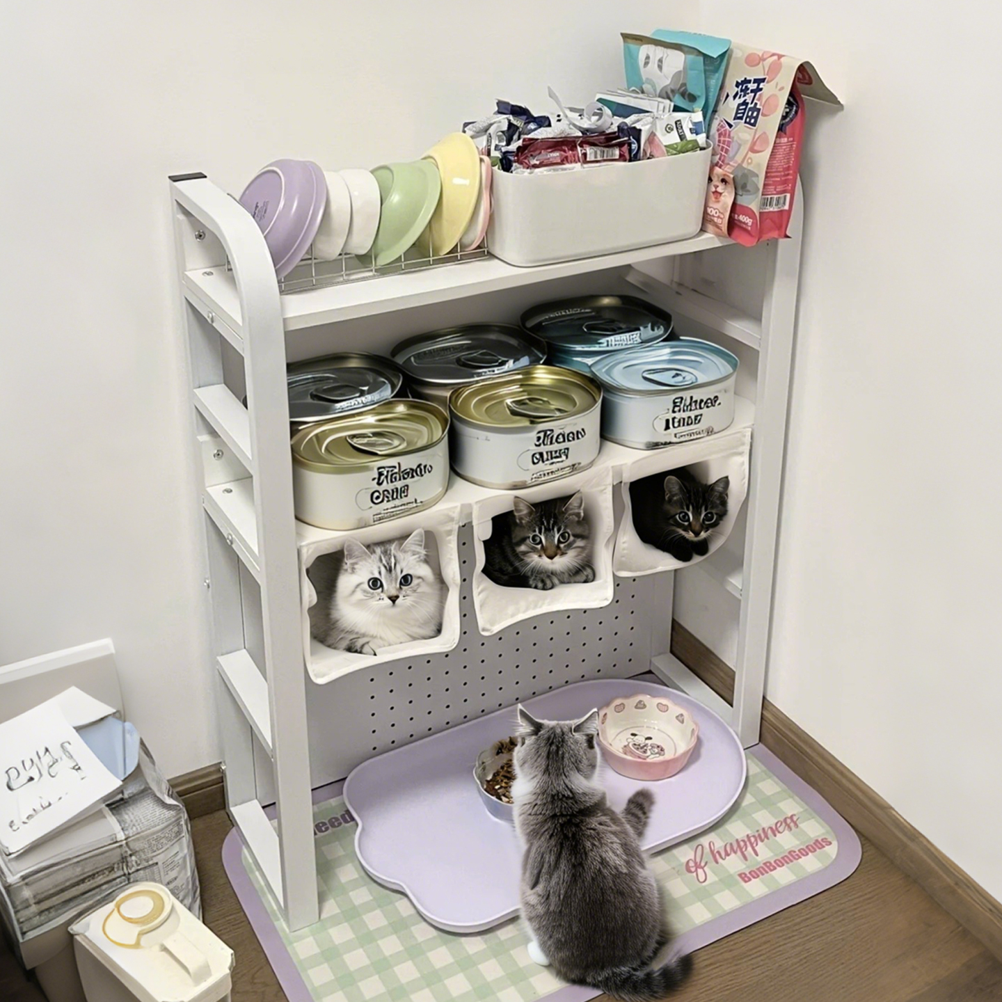 猫咪食堂洞洞板置物架铁艺储物架宠物用品零食猫砂盆上方收纳架子