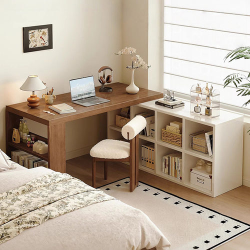 飘窗桌卧室实木书桌书架一体搭台桌窗台工作台长条转角L型电脑桌